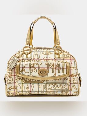 RARE Y2K Coach Ivory/Gold Logo Satchel Top Handle Bag Front Pocket w/Turnlock